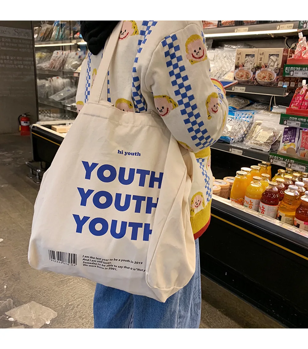 Women Canvas Shopping Bag YOUTH Letters Print Female Cotton Cloth Shoulder Bag Eco Handbag Tote Reusable Grocery Shopper Bags
Women Canvas Shopping Bag YOUTH Letters Print Female Cotton Cloth Shoulder Bag Eco Handbag Tote Reusable Grocery Shopper Bags