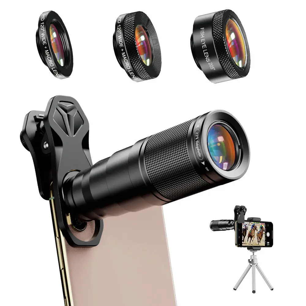 

smartphone webcam Apexel 22X 4 In 1 Camera Lens Kit Optical Mobile Lens With Universal Clip Anti-shake Tripod Macro Wide