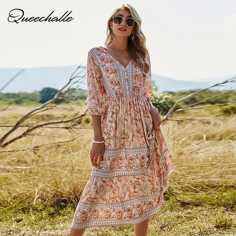 New 2021 Summer Dress Boho Vacation Style Print Dress Women Casual Button V Neck Lantern Sleeve High Waist Medium Long Dresses
New 2021 Summer Dress Boho Vacation Style Print Dress Women Casual Button V Neck Lantern Sleeve High Waist Medium Long Dresses