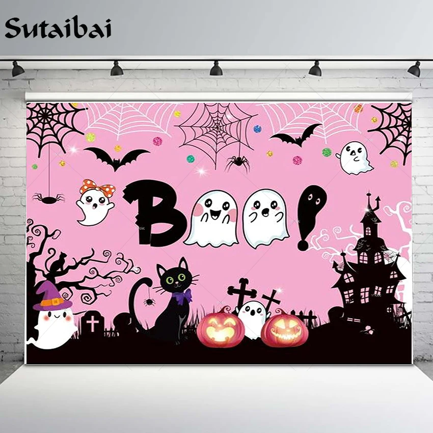 

Halloween Pink Boo Backdrop Trick or Treat Castle Ghost Pumpkin Lantern Cat Bat Photography Background Kids Birthday Party Decor