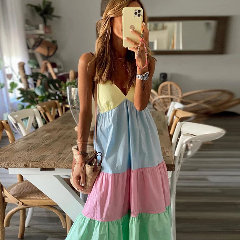 Casual V Neck Spaghetti Strap Beach Dress Summer Hollow Out Colorful Print Patchwork Dress Loose Sexy Sleeveless Outdoor Dress
Casual V Neck Spaghetti Strap Beach Dress Summer Hollow Out Colorful Print Patchwork Dress Loose Sexy Sleeveless Outdoor Dress