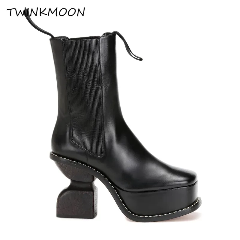 Strange Heel Platform Boots Women's Genuine Leather Shoes Black Runway Design Ankle Boots Ladies botas mujer
Strange Heel Platform Boots Women's Genuine Leather Shoes Black Runway Design Ankle Boots Ladies botas mujer