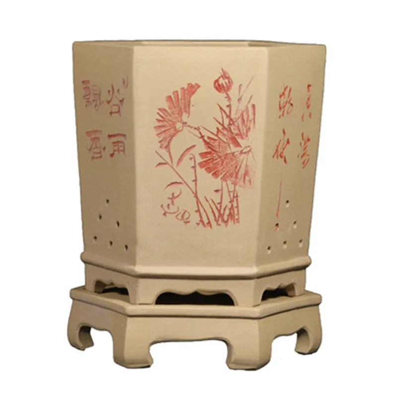 Bonsai Orchid Special Basin Yixing Purple sand Breathable Ceramic Bonsai Pot Section Mud Six Square Engraving Home Clay Pot 
Bonsai Orchid Special Basin Yixing Purple sand Breathable Ceramic Bonsai Pot Section Mud Six Square Engraving Home Clay Pot