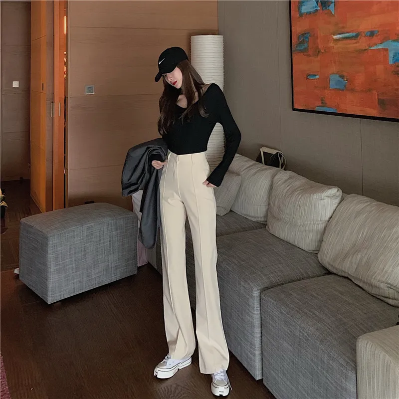 Elegant Women's Pants Spring Autumn Solid High Waist Buttons Wide Leg Office Lady Straight Slim Trousers Femme | Женская одежда