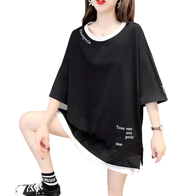 Женская футболка с коротким рукавом и надписью, Повседневная футболка составного кроя с имитацией двух предметов, модель FC1026 на лето, 2021 
Женская футболка с коротким рукавом и надписью, Повседневная футболка составного кроя с имитацией двух предметов, модель FC1026 на лето, 2021