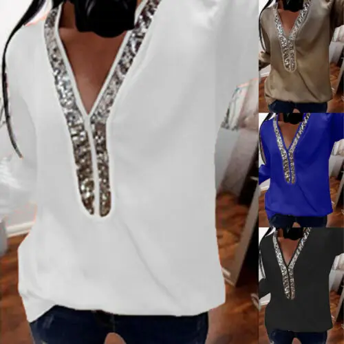 Fashion Women Ladies Long Sleeve Loose Blouse Summer V-Neck Flash Chip Blouse Shirts Tops Clothing Sequined Casual Soft Clothes
Fashion Women Ladies Long Sleeve Loose Blouse Summer V-Neck Flash Chip Blouse Shirts Tops Clothing Sequined Casual Soft Clothes