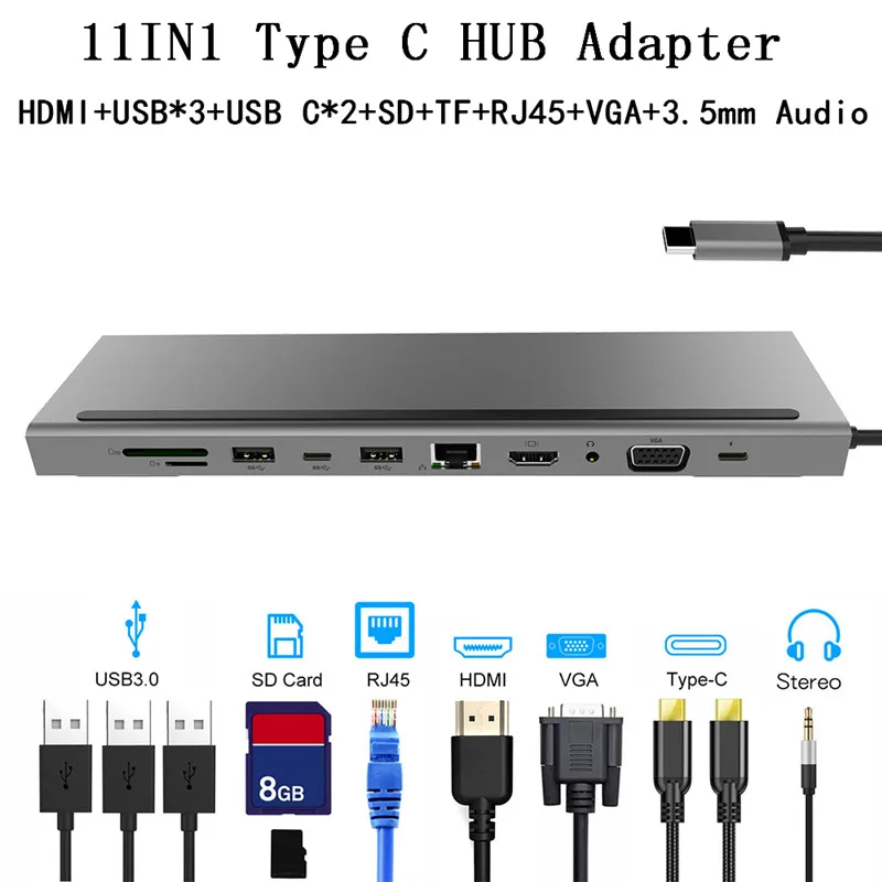 Концентратор USB C на USB3.0 * 3 + устройство для чтения карт SD/TF RJ45 Ethernet HDMI совместимый