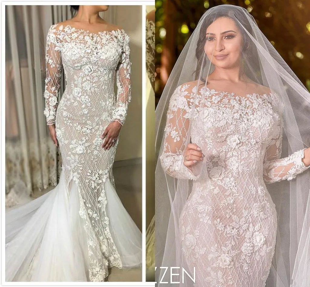 

Арабское свадебное платье Aso Ebi с кружевом и бисером, 3D цветочное блестящее платье с юбкой-годе, прозрачный вырез, свадебные платья с длинным...