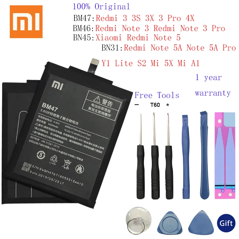 BM47 BM46 BN31 BN45 Xiao Mi Оригинальный аккумулятор для телефона Xiaomi Redmi 3 3S 3X 4X pro Note 5 5A Pro 5X