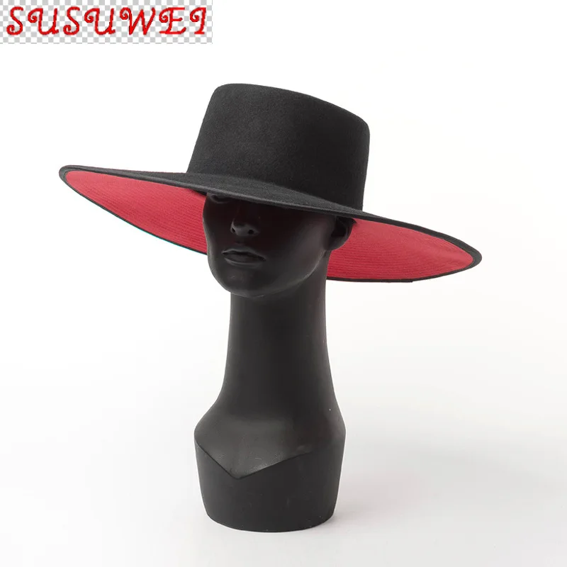 

2021 Осень 100% шерстяная модная широкополая двухцветная фетровая шляпа Федора с широкими полями