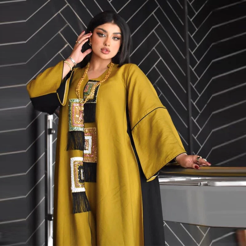 

Модное мусульманское платье для женщин, Дубайский хиджаб хлопковое, с кисточками, с блестками, Jalabiya, марокканский кафтан, арабский, Оман, Тур...