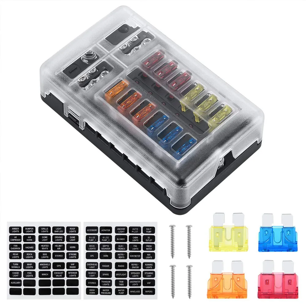 

12V 32V Plastic Cover 6,12 Ways Blade Fuse Block Box Bus Bar Holder M5 Stud With LED Indicator Light For Auto Car Marine