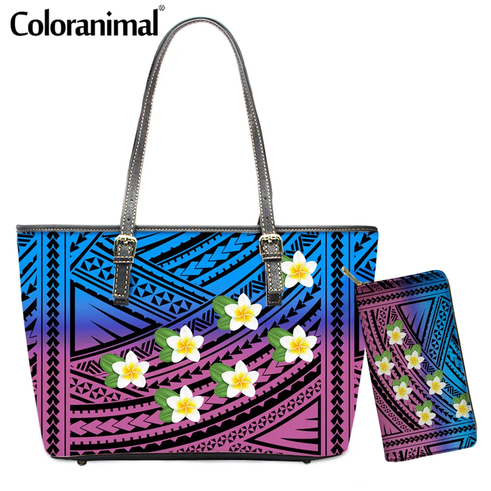 

Coloranimal Gradient Ethnic Style Polynesian Plumeria Printed Lady Shoulder Bag PU 2Pcs/Set Crossbody Bag&Wallet Tote Handbag