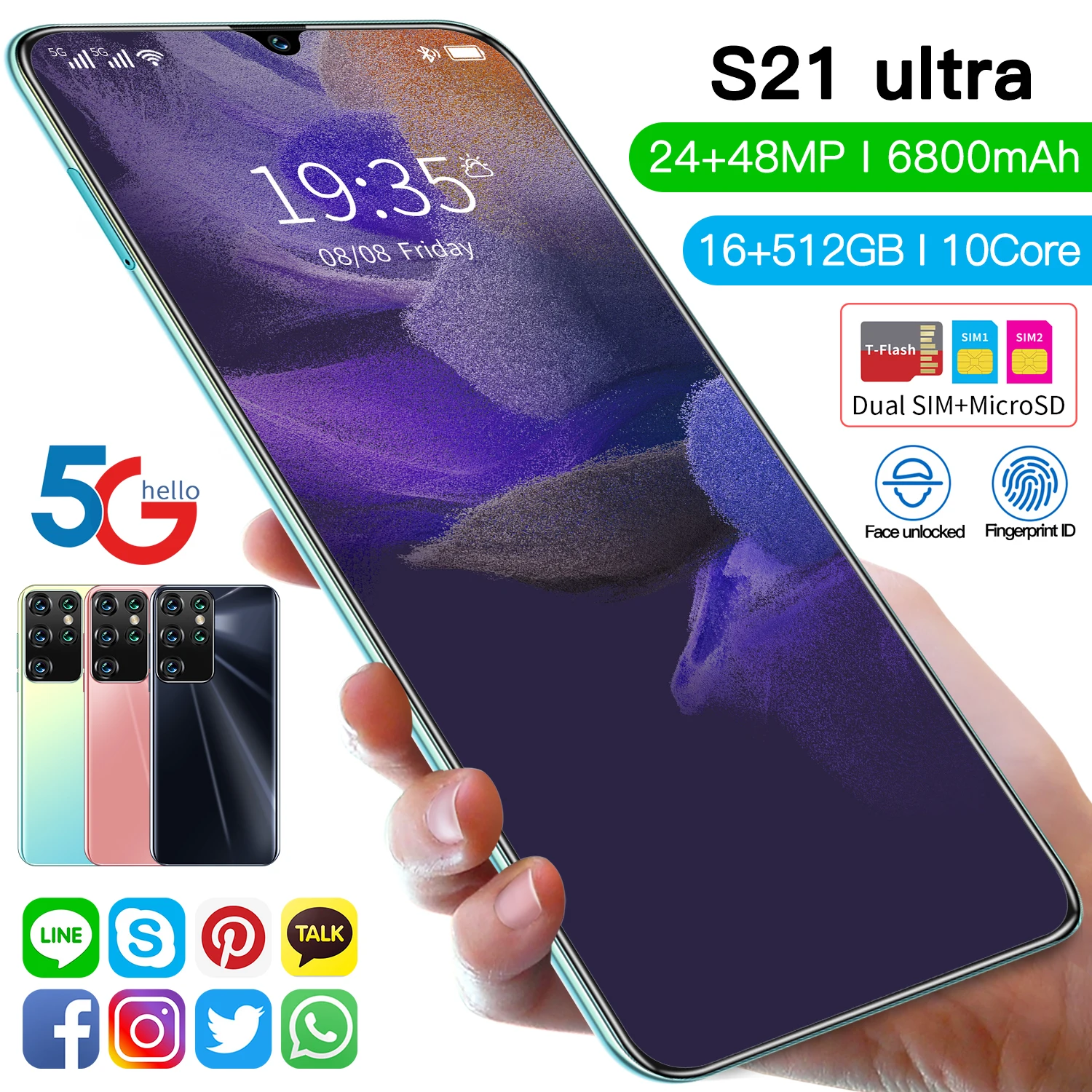 S21 Ultra 16+512GB 3040*1440 7.1Inch Full Screen Finger ID 6800mAh Battery 10Core Processor 24+48MP Android10 Dual SIM MTK6595
S21 Ultra 16+512GB 3040*1440 7.1Inch Full Screen Finger ID 6800mAh Battery 10Core Processor 24+48MP Android10 Dual SIM MTK6595