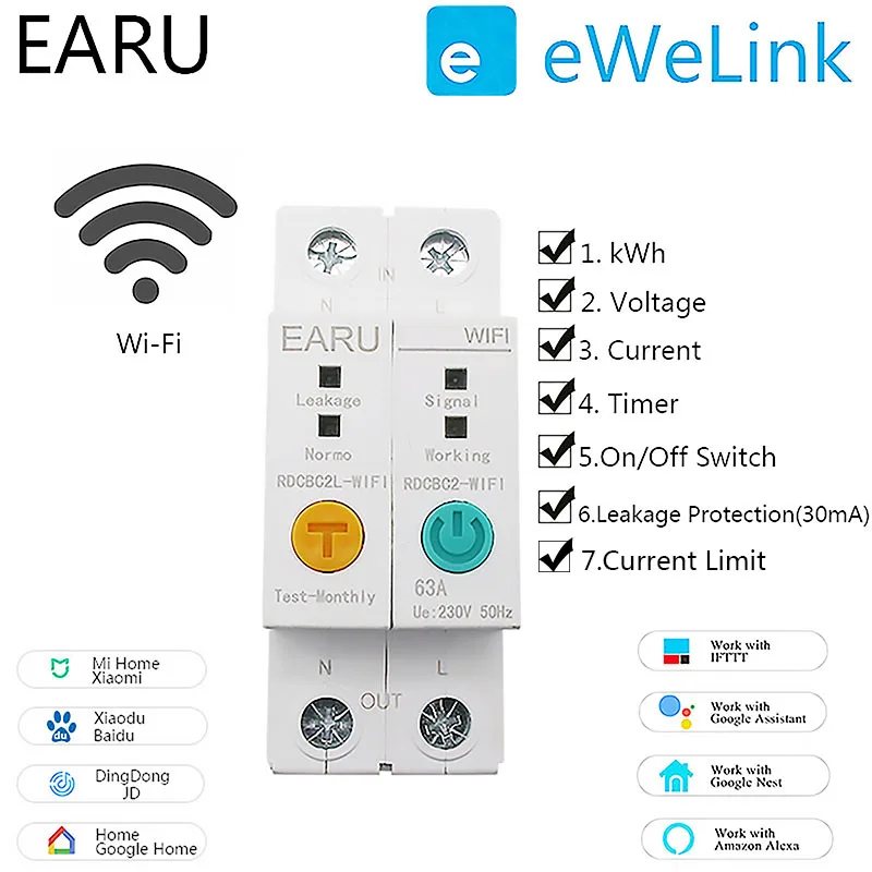 2P WIFI выключатель энергии кВтч метр таймер реле вольтметр защита от утечки тока RCCB