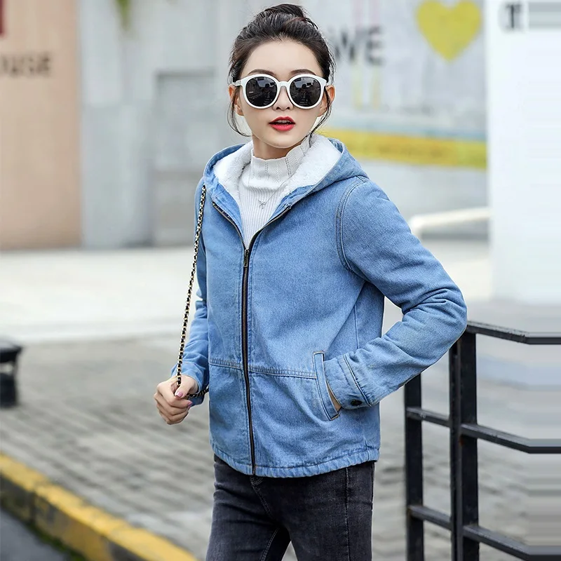New 2020 Fashion Winter denim Jacket Casual Hooded Outwear Women Warm Lambswool Denim Coat Thickening Long Sleeve Jeans | Женская одежда