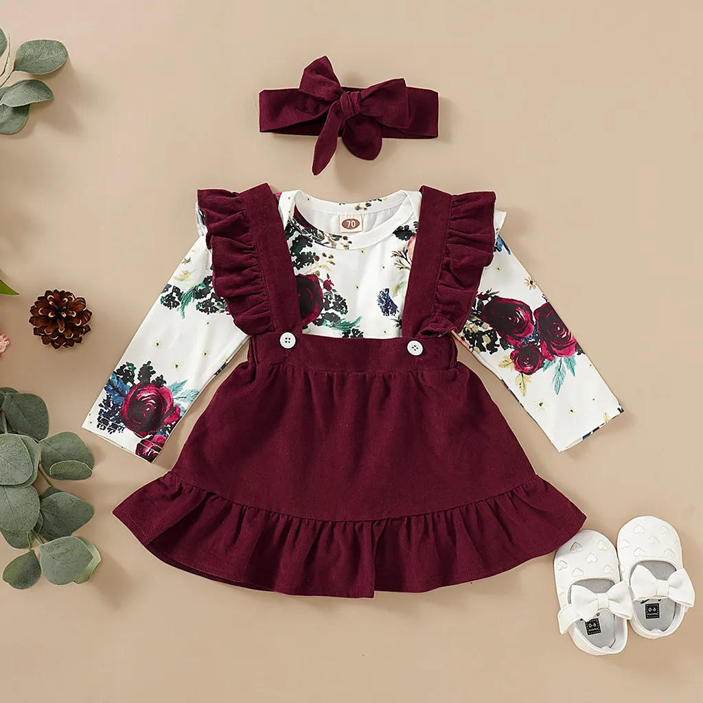 2020 Toddler Long Sleeve Floral Romper Bodysuit+Suspender Skirts Outfits 2Pcs Fashion Casual Outfit Set Baby Girl Clothes | Мать и