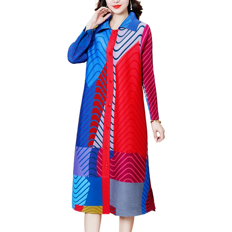 Women Dress Spring Autumn New Turndown Collar Miyake Pleated Loose Single Breasted Printed Dresses For Women 45-75kg 
Women Dress Spring Autumn New Turndown Collar Miyake Pleated Loose Single Breasted Printed Dresses For Women 45-75kg
