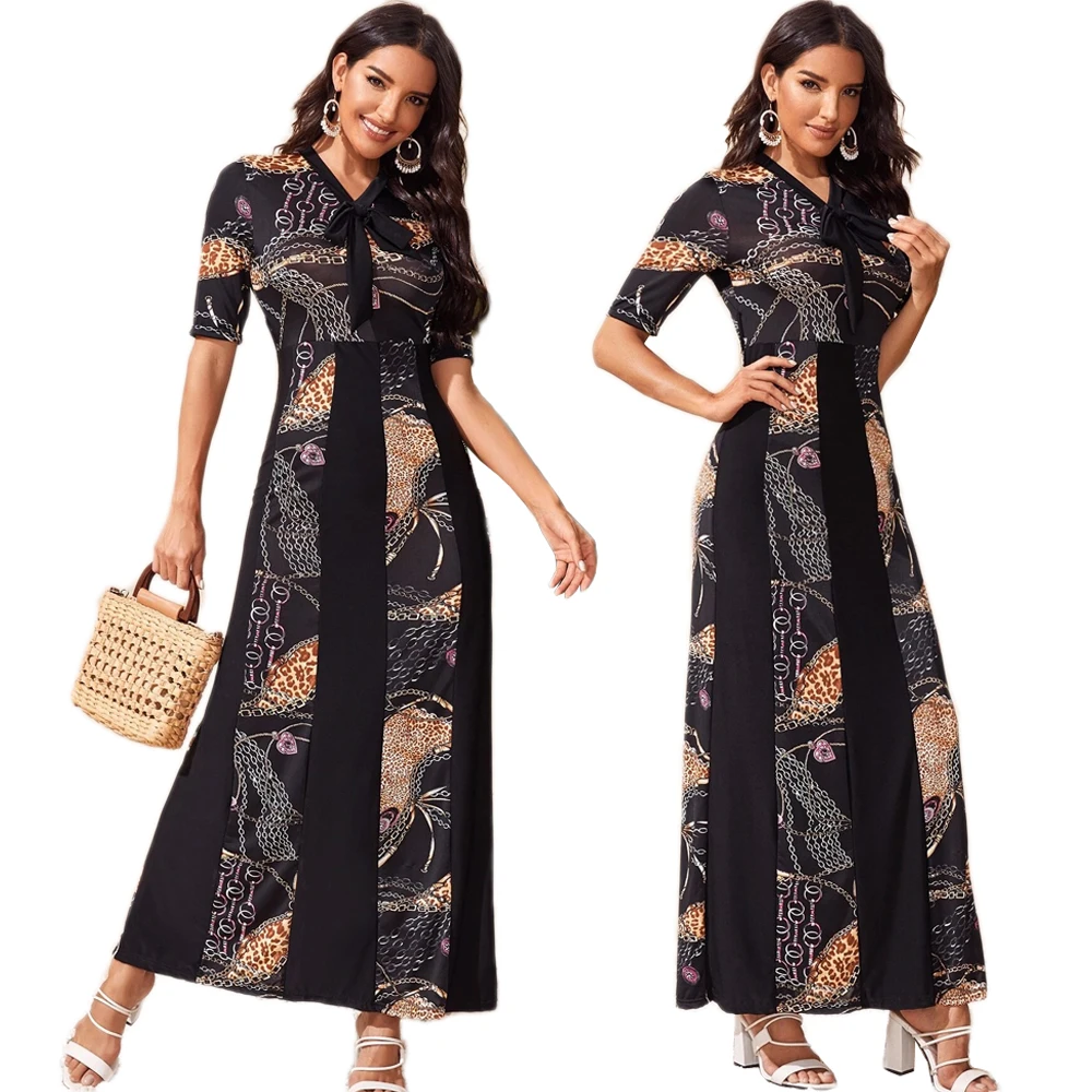 Muslim Women Printed Long Dress Vintage Bowknot Collar Elegant Slim Short Sleeve Patchwork Abaya Dubai Middle East Summer Jilbab
Muslim Women Printed Long Dress Vintage Bowknot Collar Elegant Slim Short Sleeve Patchwork Abaya Dubai Middle East Summer Jilbab