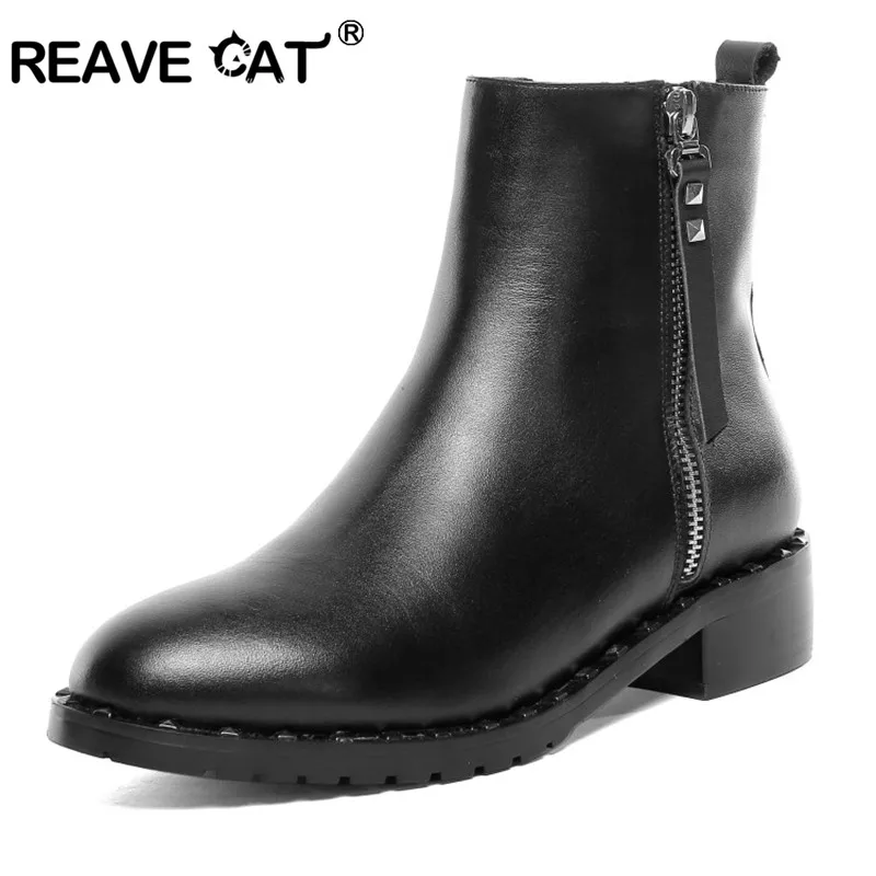 

REAVE CAT Genuine Leather Ankle Boots low block heels zipper cow leather rivet motorcycle booties black Party shoe botines mujer