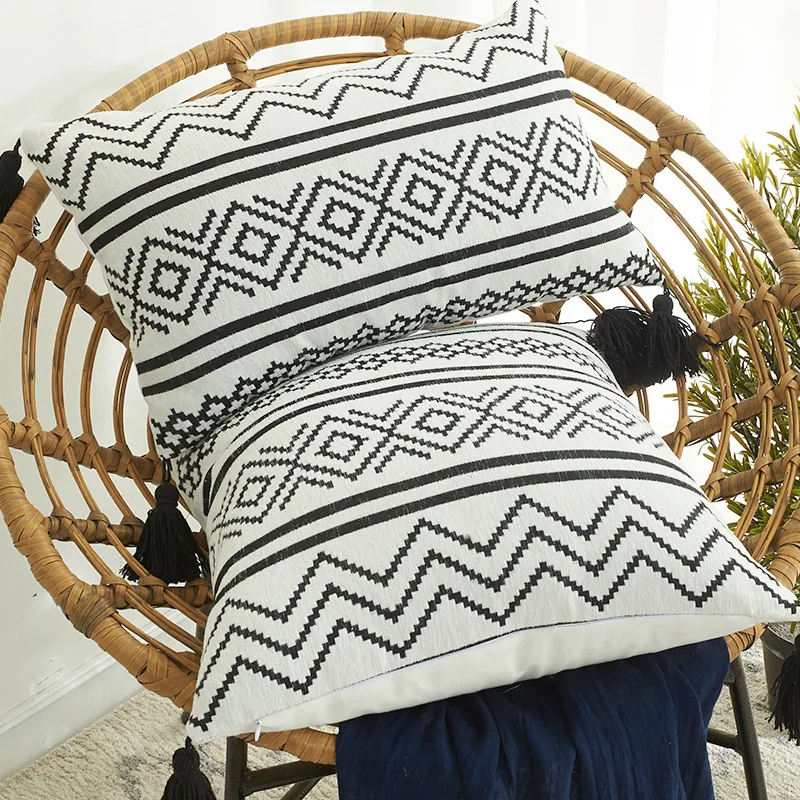 

Наволочка в стиле бохо нордический Morroco, наволочка с кисточкой для дивана, гостиной, с геометрическим рисунком, черно-белая, 45 х45 см