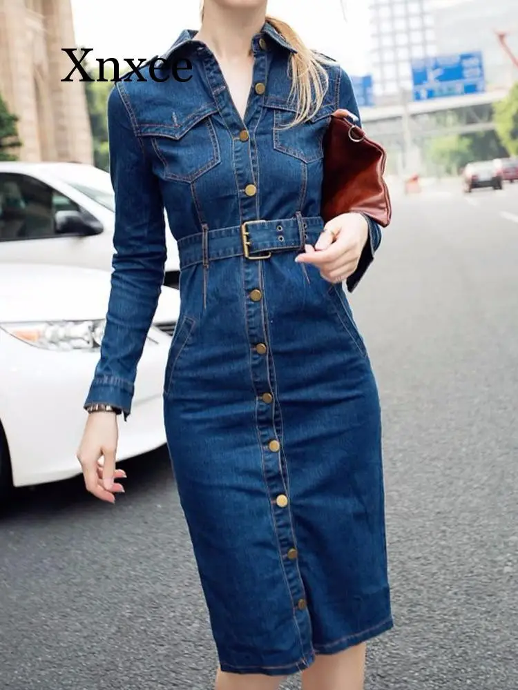 Jeans Dress Denim Dresses Winter autumn Office Slim Jeans Long Sleeve Mid-Cuff Denim with Belt for Women blue vintage Long Dress
Jeans Dress Denim Dresses Winter autumn Office Slim Jeans Long Sleeve Mid-Cuff Denim with Belt for Women blue vintage Long Dress
