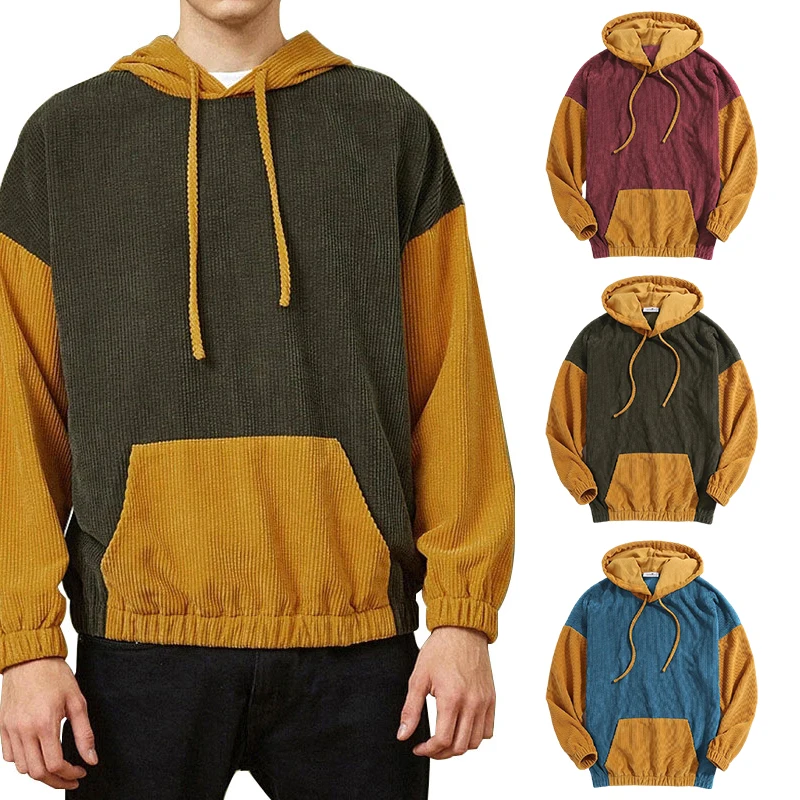 

Вельветовый свитер для отдыха, молодежная модная толстовка с капюшоном, контрастный пуловер, верхнее пальто, толстовки и свитшоты