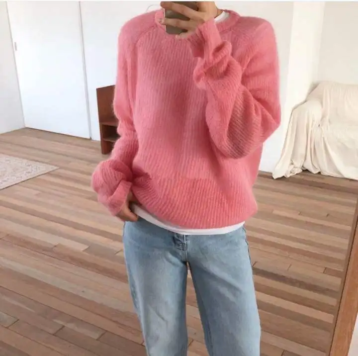 Flectit Fuzzy Mohair Sweater Women Cozy Long Sleeve O-Neck Pink Yellow Jumper Autumn Winter Knit Tops Pullovers Korean Fashion * | Женская