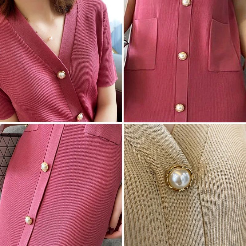 Casual V-Neck Short Sleeve Knitted Dress Female Summer Korean Style Loose Straight Knee-Length Dress With Pocket Womens Clothing
Casual V-Neck Short Sleeve Knitted Dress Female Summer Korean Style Loose Straight Knee-Length Dress With Pocket Womens Clothing