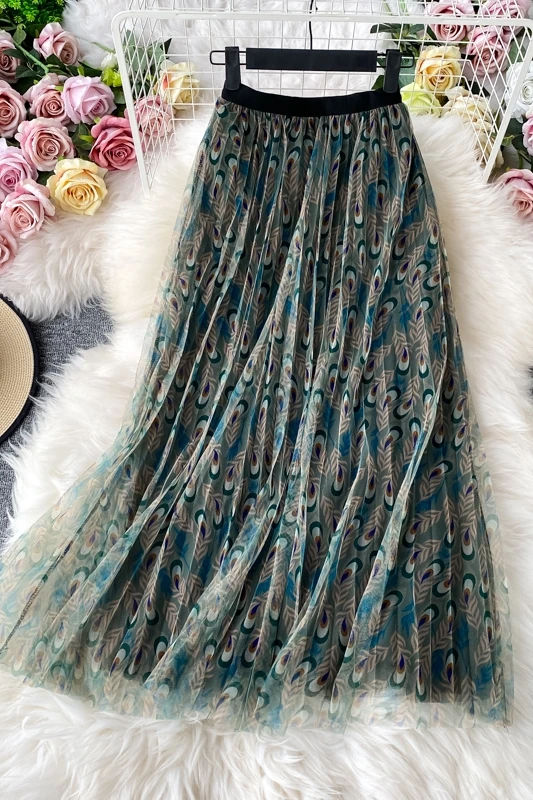 Auyumn heavy work Peacock feathers Skirt womens Winter Mid-Length High waist Mesh Print Skirt 
Auyumn heavy work Peacock feathers Skirt womens Winter Mid-Length High waist Mesh Print Skirt