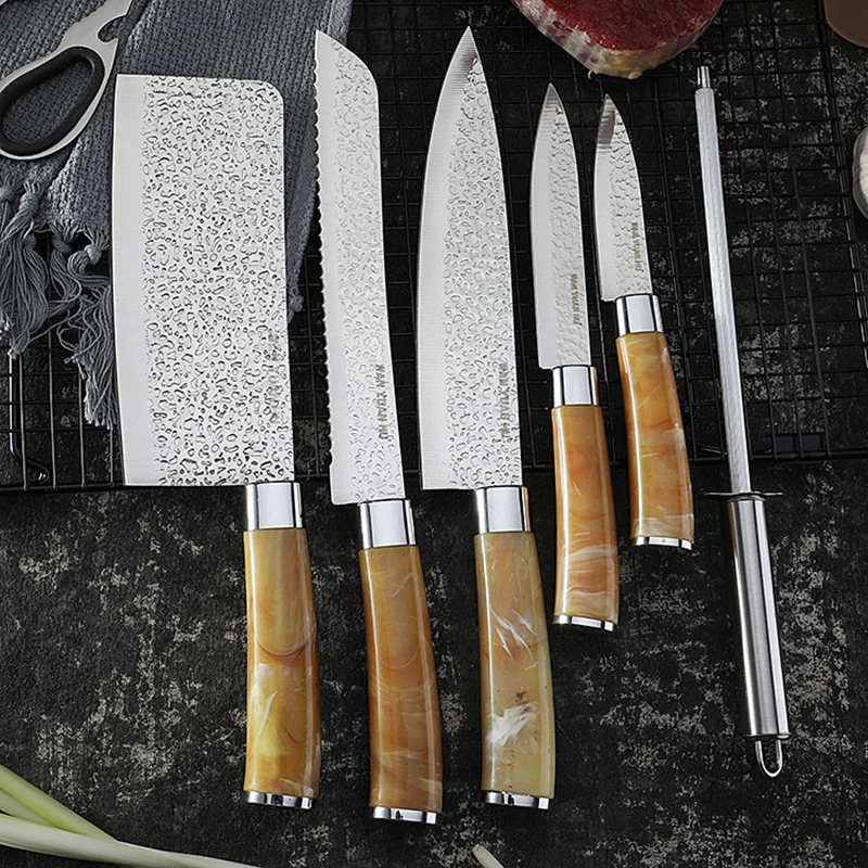 Kitchen Knives 8 Pieces Marbled Stainless Steel Fish Cutter Fruit Knife Bread Knife Sharpening Stick Kitchen Accessories
Kitchen Knives 8 Pieces Marbled Stainless Steel Fish Cutter Fruit Knife Bread Knife Sharpening Stick Kitchen Accessories
