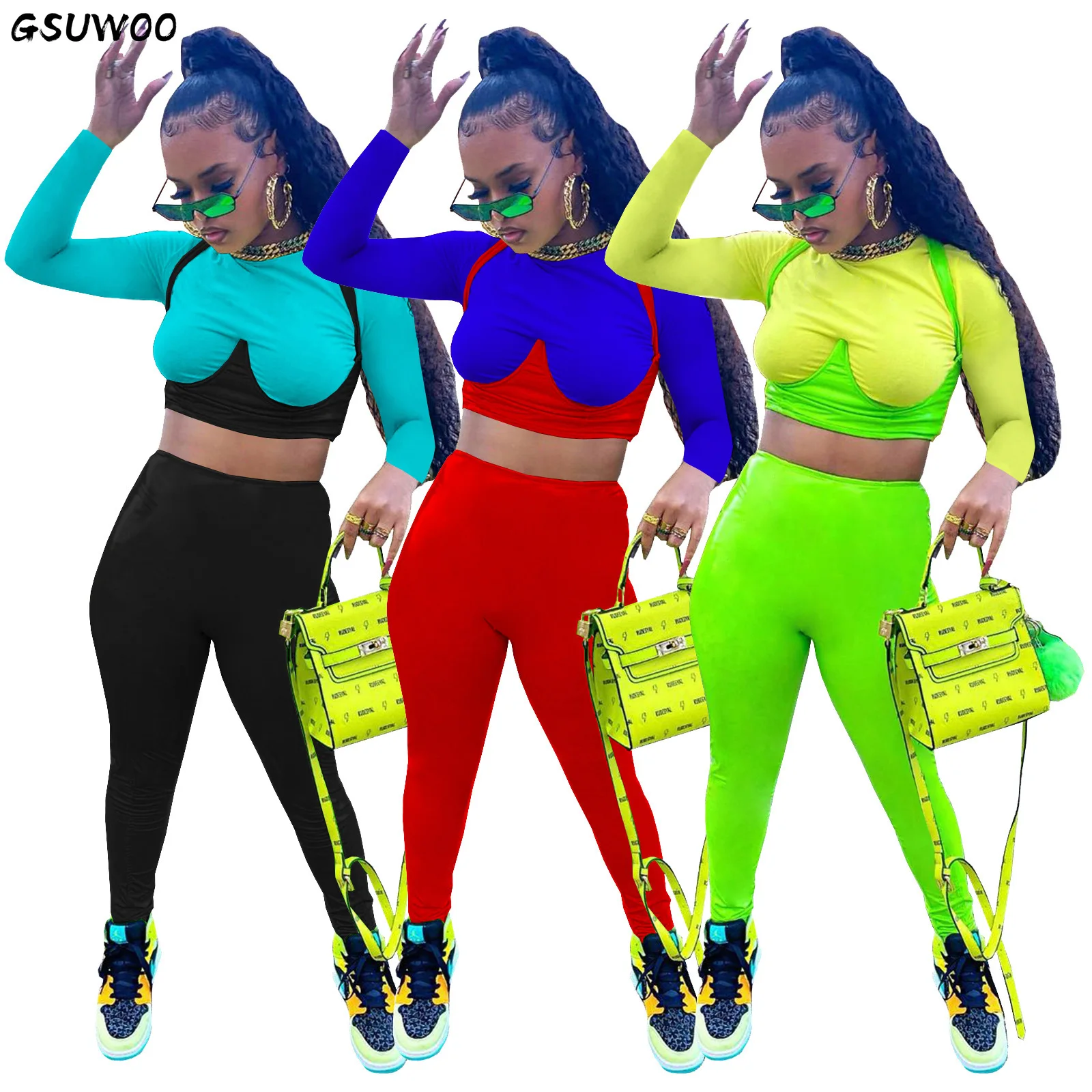 GSUWOO Women's Fluorescent Color Matching Sets Long Sleeve Bra Print Backless Crop T-shirt Leggings Fashion Sexy 2pcs Pants Suit
GSUWOO Women's Fluorescent Color Matching Sets Long Sleeve Bra Print Backless Crop T-shirt Leggings Fashion Sexy 2pcs Pants Suit