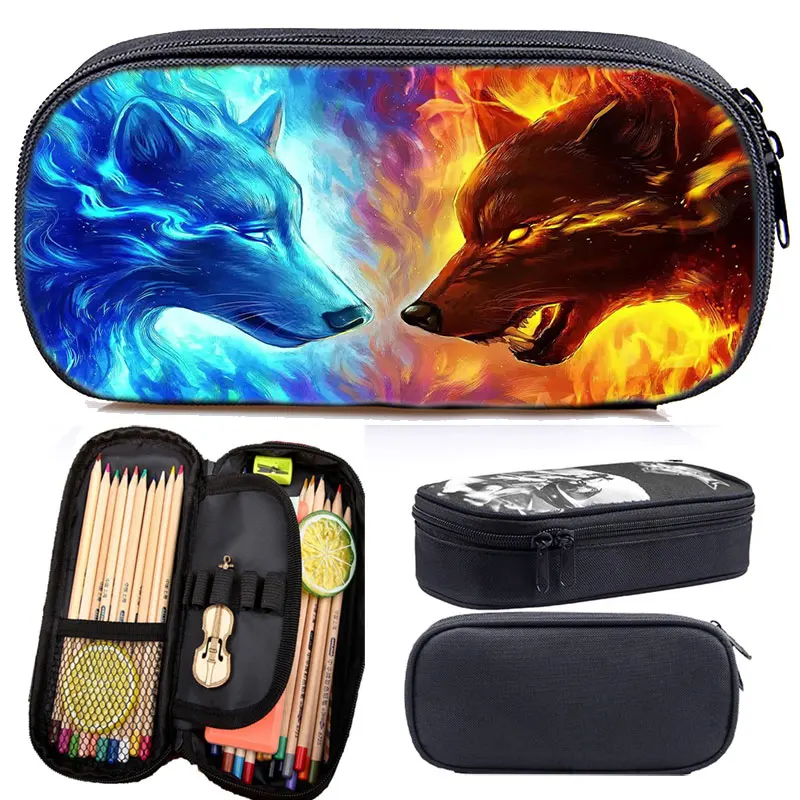 3D чехол для карандашей Ice Fire Wolf крутая сумка ручек с животными мальчиков