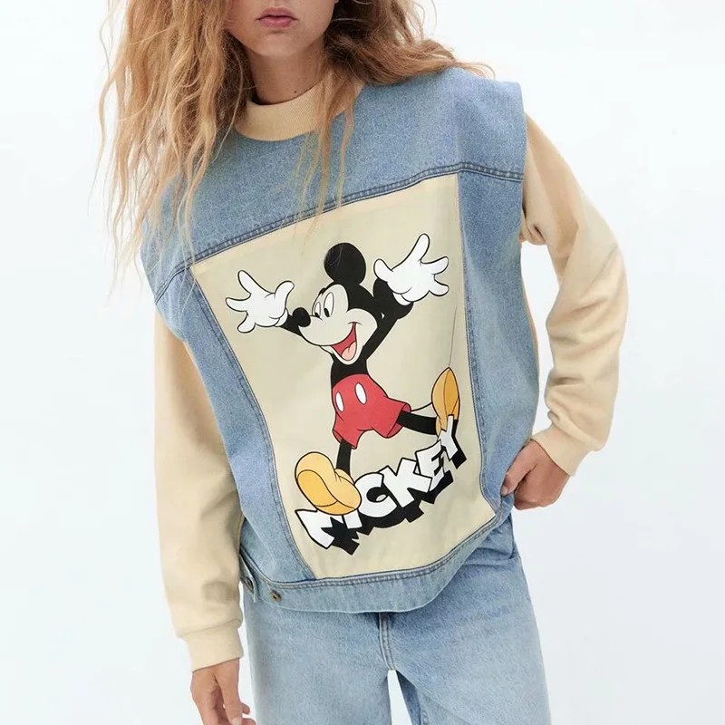 Disney Mickey Mouse Women Sweatshirt Fashion Denim Patchwork Letter Cartoon Print Vintage O-Neck Long Sleeve Female Harajuku Top
Disney Mickey Mouse Women Sweatshirt Fashion Denim Patchwork Letter Cartoon Print Vintage O-Neck Long Sleeve Female Harajuku Top