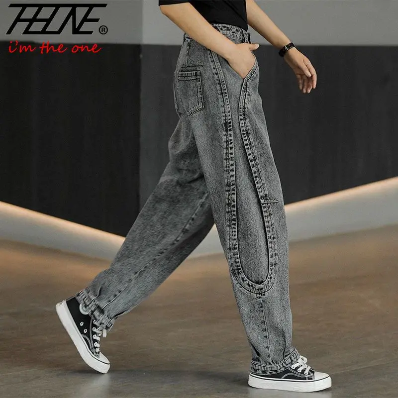 

THHONE Plus Size Denim Jeans for Women High Waist Pants Women's Straight Loose Harem Pants Vintage Female Vaqueros Mujer Gray