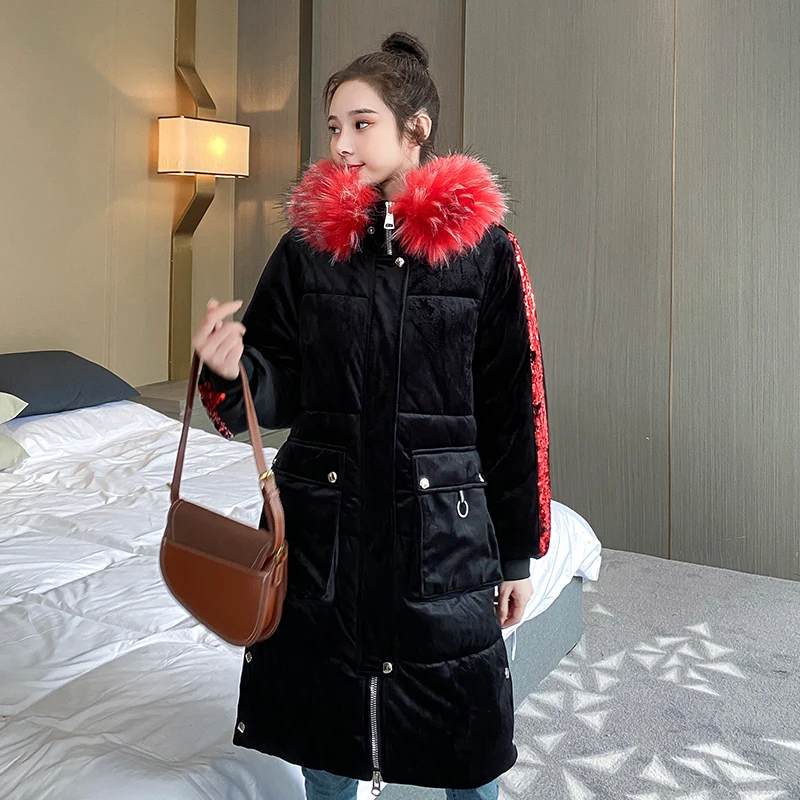 Women's Winter Jacket X-long With Sequins Hooded Striped Woman Parkas Plus Size Black Hooded Thick Fur Collar Casual Coat Female
Women's Winter Jacket X-long With Sequins Hooded Striped Woman Parkas Plus Size Black Hooded Thick Fur Collar Casual Coat Female