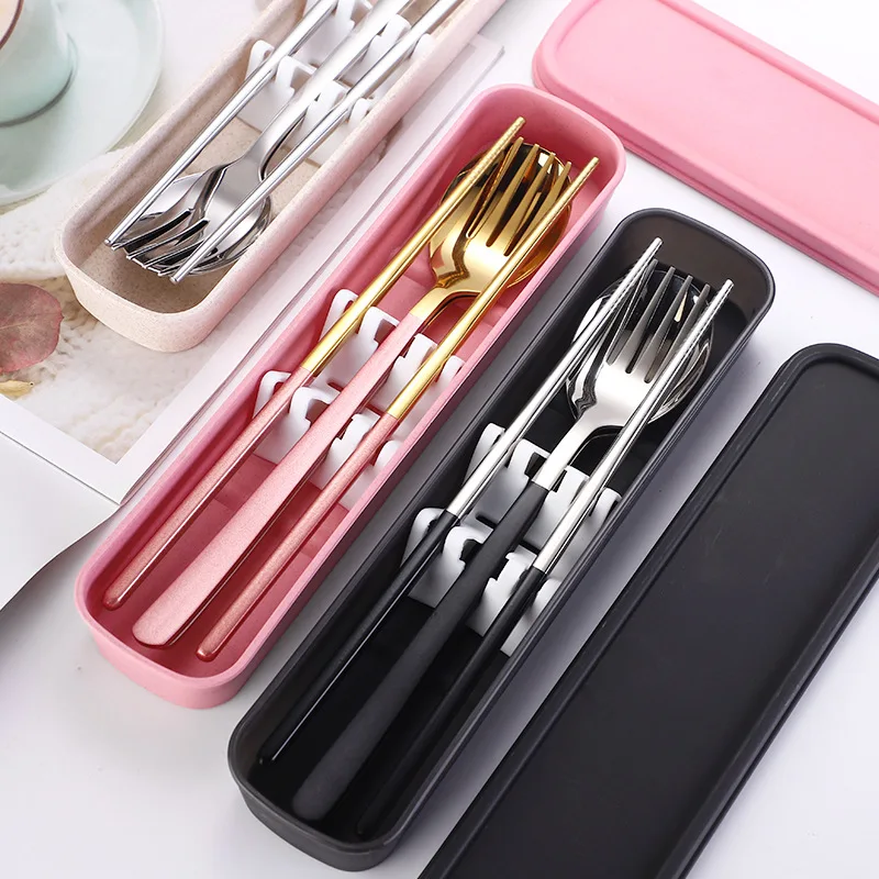 

3pc/set Wilona Simple Stainless Steel Spoon Chopsticks Fork Kitchen Set Japanese Students Office Worker Portable Tableware