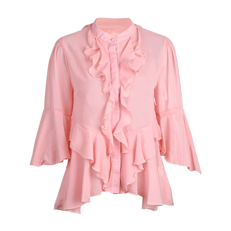TWOTWINSTYLE Chiffon Patchwork Ruffle Shirt For Women Stand Collar Flare Sleeve Elegant Solid Blouse Female Fashion Clothing
TWOTWINSTYLE Chiffon Patchwork Ruffle Shirt For Women Stand Collar Flare Sleeve Elegant Solid Blouse Female Fashion Clothing