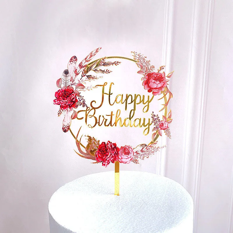 Promotional Flower Happy Birthday Acrylic Cake Topper Gold Flag For Party Decorations Dessert Baking Supplies | Дом и сад