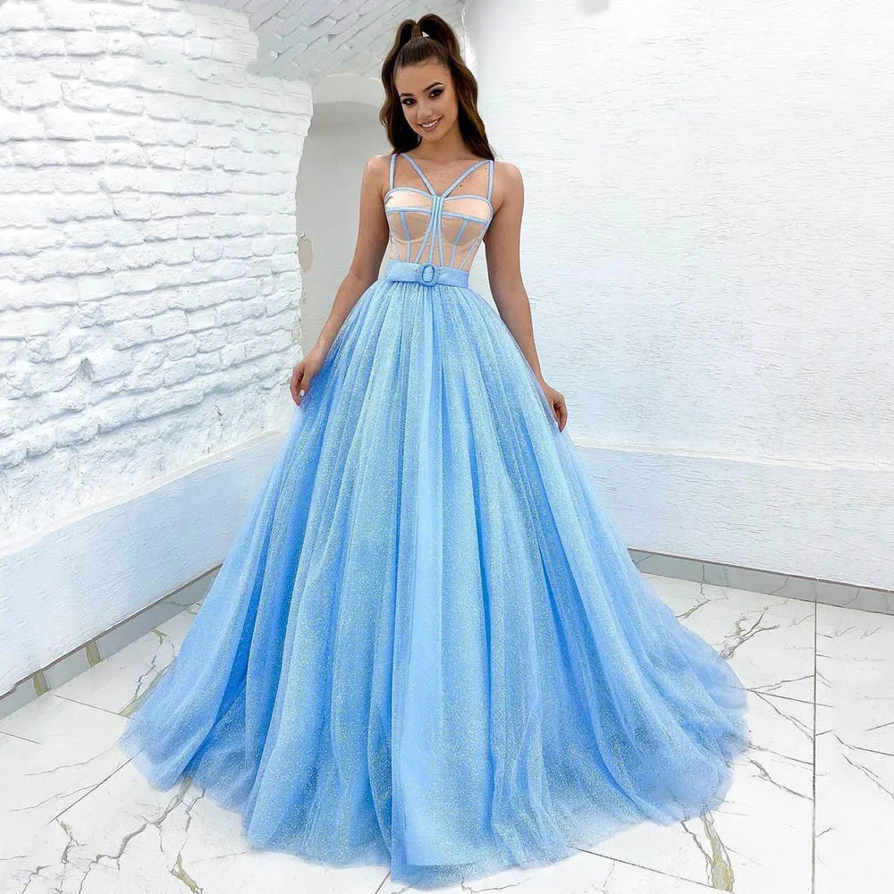 

Elegant Sky Blue Champagne Prom Dresses Long Shiny Tulle Sashes Women Princess Evening Dress Open Back Formal Party Gowns