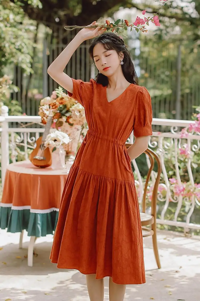 COIGARSAM Vintage Women dress Puff Sleeve High Waist V-Neck Dresses Rust Red Apricot TS2736 
COIGARSAM Vintage Women dress Puff Sleeve High Waist V-Neck Dresses Rust Red Apricot TS2736