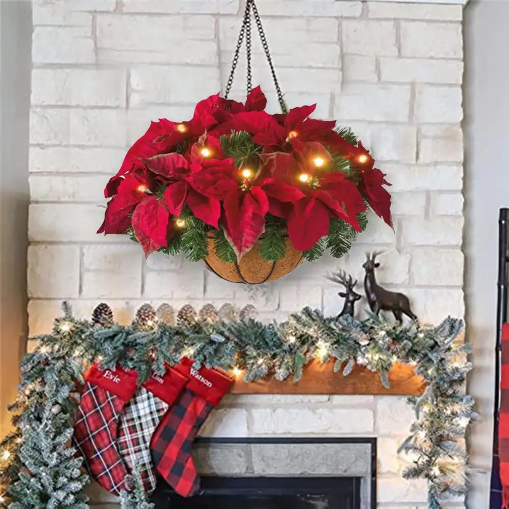 

Pre-lit Christmas Hanging Basket Flocked with Mixed Decoration and LED Lights Artificial Frosted Berry Pine Cones for Yard Decor