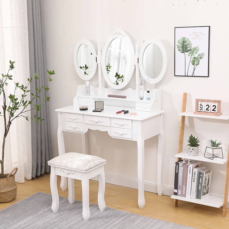 European Style Dressing Table 7 Drawer Dressing Table With Stool Triple Folding Mirror Solid Wood Legs Support Stable Table
European Style Dressing Table 7 Drawer Dressing Table With Stool Triple Folding Mirror Solid Wood Legs Support Stable Table