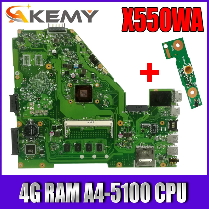 Akemy X550WAK Laptop motherboard For Asus X550WAK X550WA X550WE X550W Test original mainboard 4G RAM A4-5100
Akemy X550WAK Laptop motherboard For Asus X550WAK X550WA X550WE X550W Test original mainboard 4G RAM A4-5100