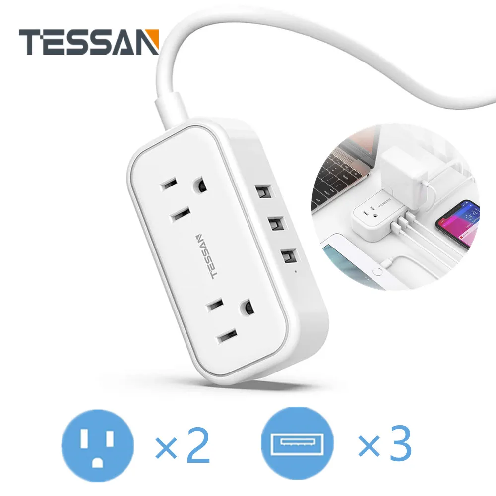 

TESSAN Mini US Flat Plug Power Strip with 2 Widely Spaced Outlets and 3 USB Ports 5V 2.4A Fast Charging 1.5m/5ft Extension Cord