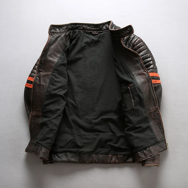 Мужская мотоциклетная куртка винтажная облегающая с воротником-стойкой из