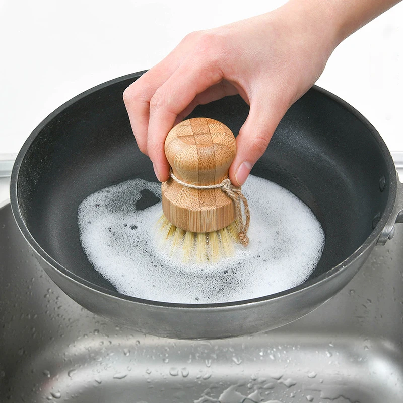 

Short Handle Pot Washing Brush Dishwashing Sink Stove Sisal Coconut Palm Cleaning Brush Kitchen Bamboo Washing Tools