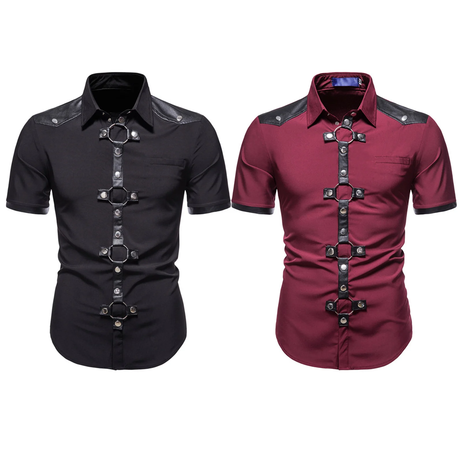 Plus Size Punk Faux Leather Shirt Men Tops Slim Patchwork Short Sleeve Gothic Rivet O Ring Decor for Rock Concert Music Festival
Plus Size Punk Faux Leather Shirt Men Tops Slim Patchwork Short Sleeve Gothic Rivet O Ring Decor for Rock Concert Music Festival