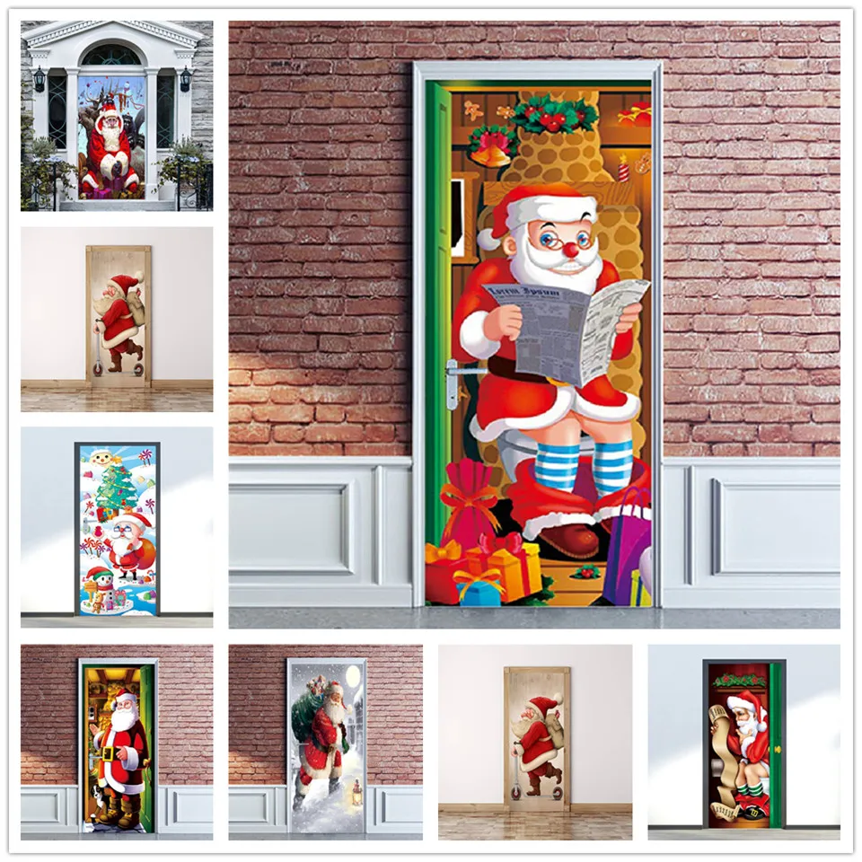 

Christmas Stickers on the Doors PVC Peel and Stick Wallpaper Home Design Waterproof Poster Santa Claus Wall Decals deursticker