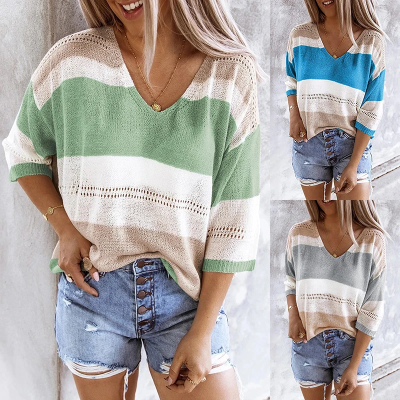Spring Summer Sweaters Women’s Contrast Color Hollow Women V-neck Long Sleeves Loose Casual Sweater Tops Pullover All-match Top
Spring Summer Sweaters Women’s Contrast Color Hollow Women V-neck Long Sleeves Loose Casual Sweater Tops Pullover All-match Top
